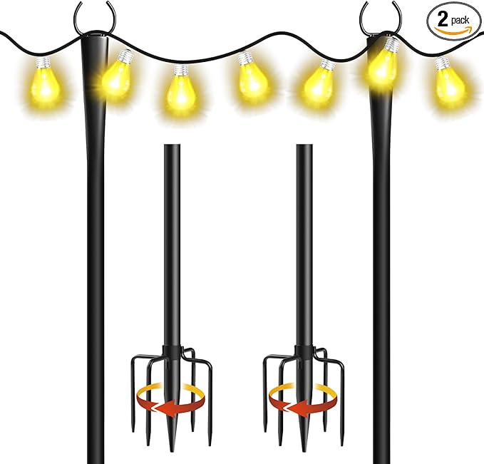 2 Pack 10Ft String Light Poles, Metal Poles with Fork for Outside Lights,Outdoor Metal Light Stand with Fence Brackets Hanging Lights for Garden Patio Wedding Backyard Deck Party
