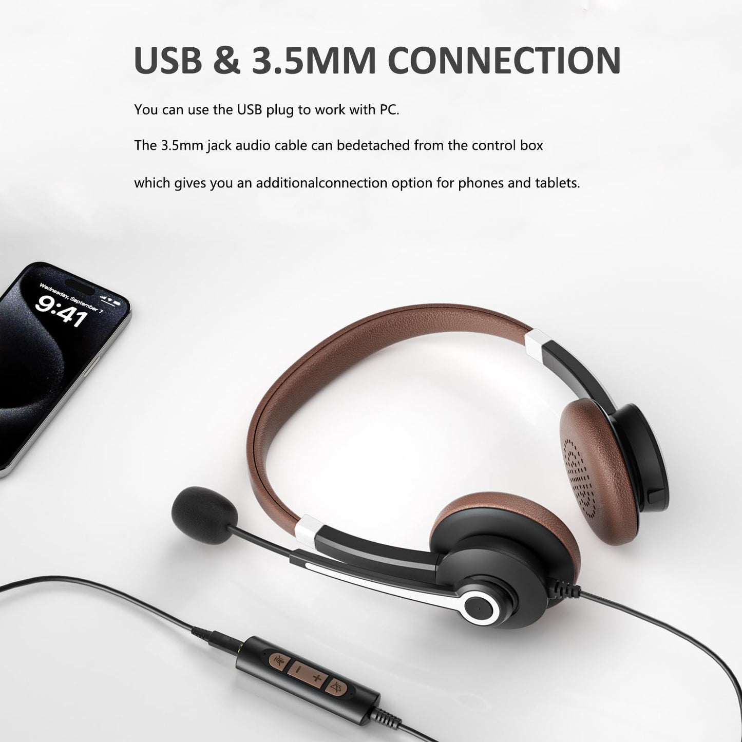 Arama USB Headset with Microphone Noise Cancelling & in-line Call Controls, Ultra Comfort 3.5mm Wired Headset for Cell Phone, Computer Headset with Mute for PC Laptop Skype Webinar Home Office