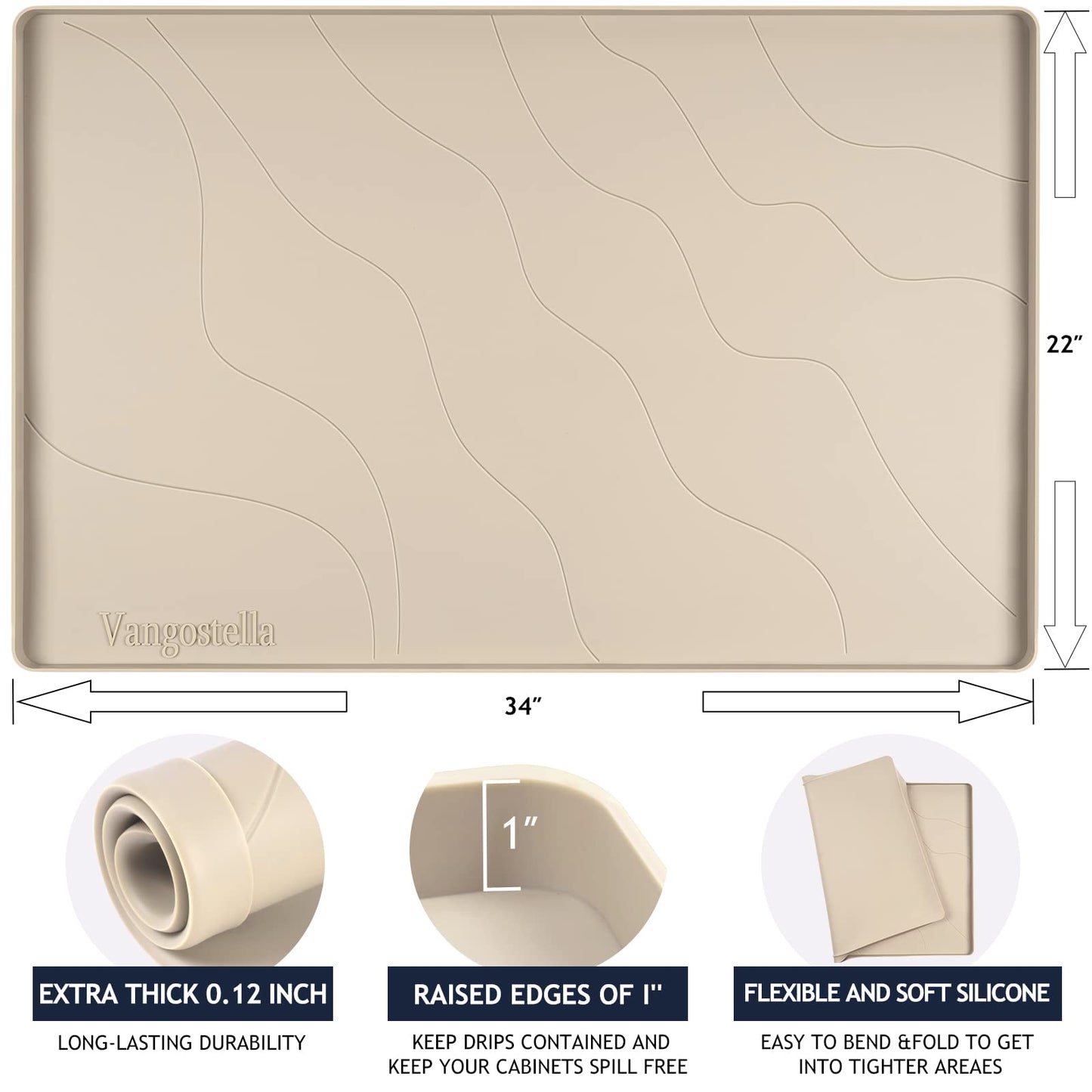 Vangostella Heavy Duty Silicone Under Sink Mat for Kitchen Waterproof 34" x 22", Extra Thick Rubber Mat Drip Tray, Raised Edge Under Sink Liner, Prevent Drips, Leaks, Spills, Beige