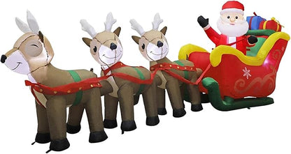 MorTime 9.5 FT Christmas Inflatable Santa Claus on Sleigh Pulled by Three Reindeers with Gift Boxes, Blow up Lighted Yard Decor for Outdoor Decorations