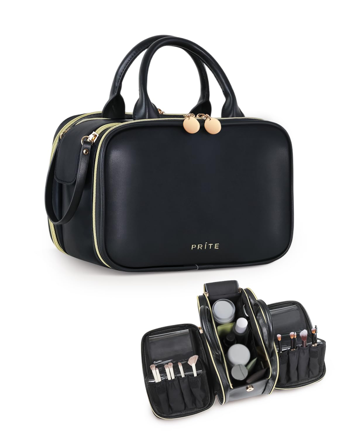 Prite Makeup Bag for Women, Large Capacity Waterproof Travel Cosmetic Organizer, Portable Open Flat Toiletry Bag with Free-standing Brush Holder and Handle(Black Large)