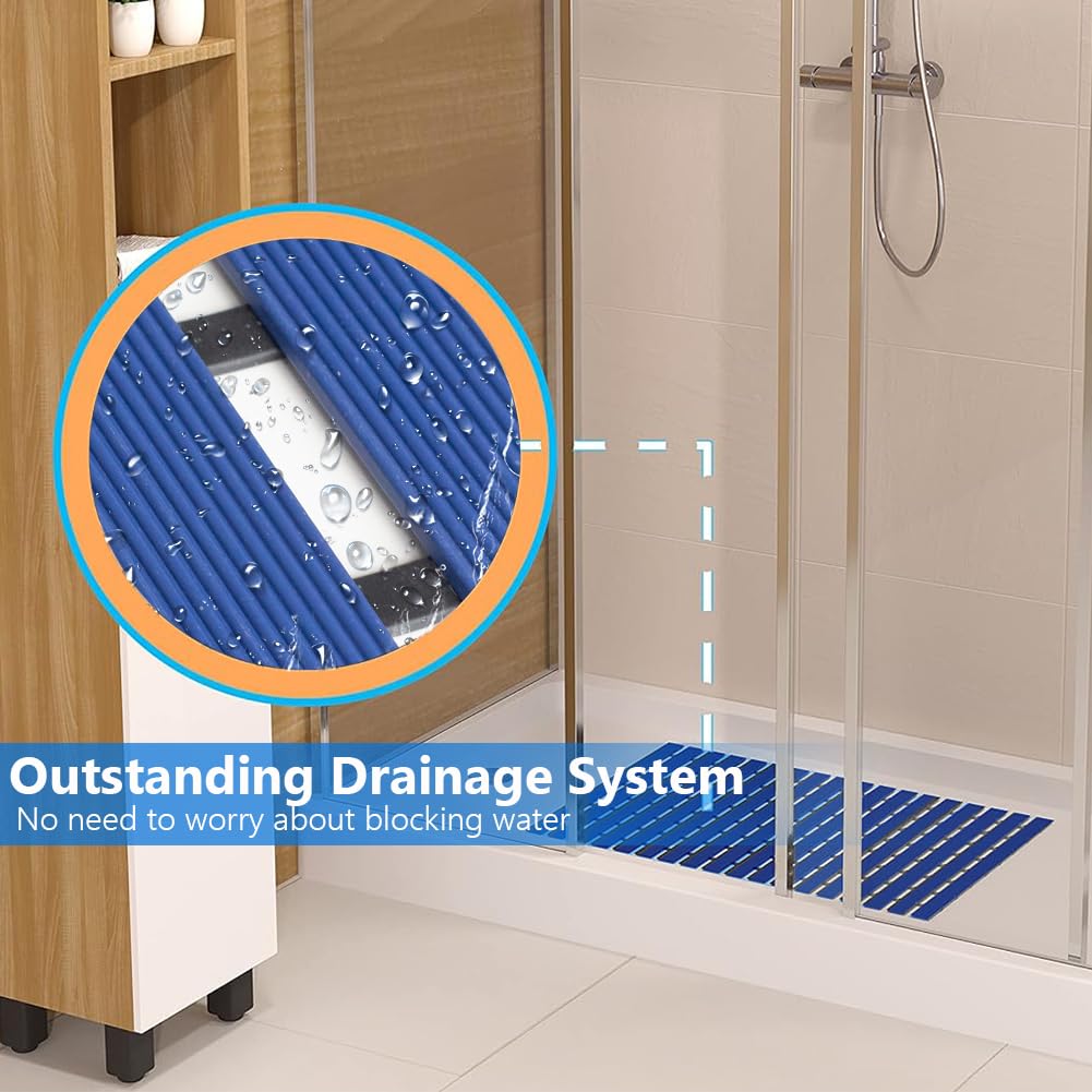 SUWUYUE Bath Mat Non Slip Shower Mat Bathtub with Drain Holes and Heavy Duty Rubber No Suction Cups Sturdy Shower Stall Tub Mat for Bathroom, Shower Floor, Pool, SPA, (Blue, 17"x26")