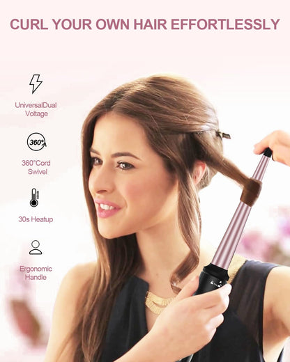 3 in 1 Curling Iron, Curling Wand Set with 3 Interchangable Ceramic Beach Waves Wands(0.75"-1.25"), Dual Voltage 30s Fast Heating with Heat Resistant Glove & 2 Clip for Long/Short All Hairstyle