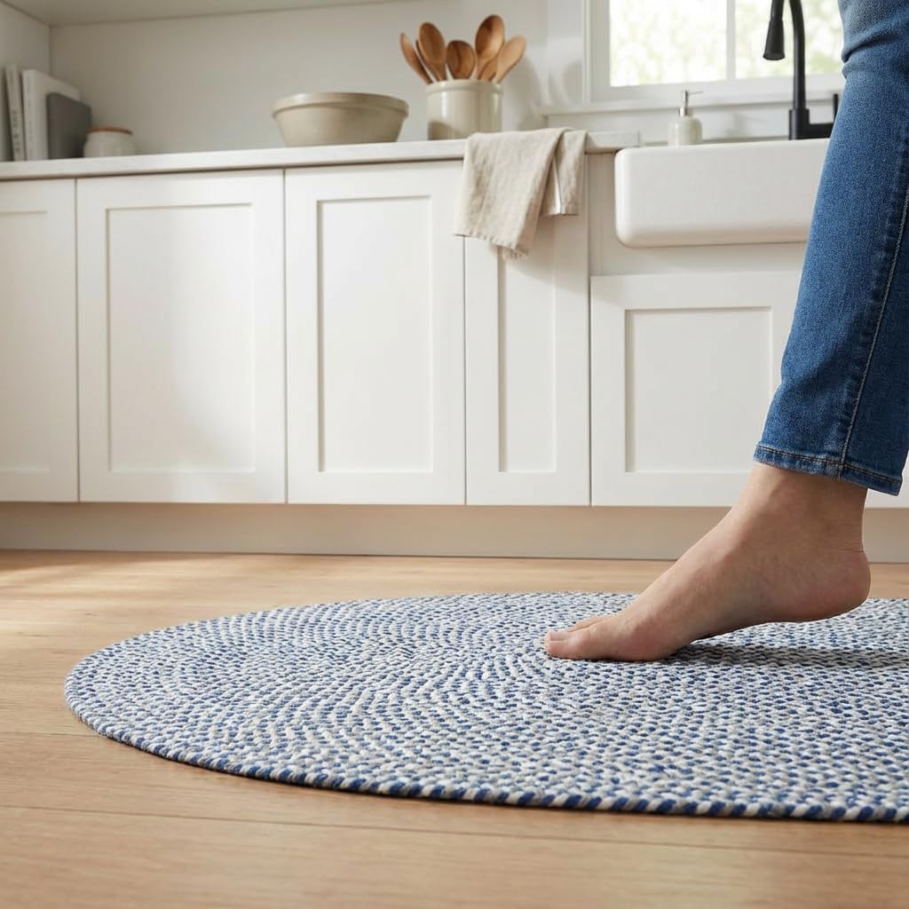 Super Area Rugs Tri-Color Cotton Farmhouse Braided Rug - Buffalo Check Blue,White,Gray 2' X 3' Oval