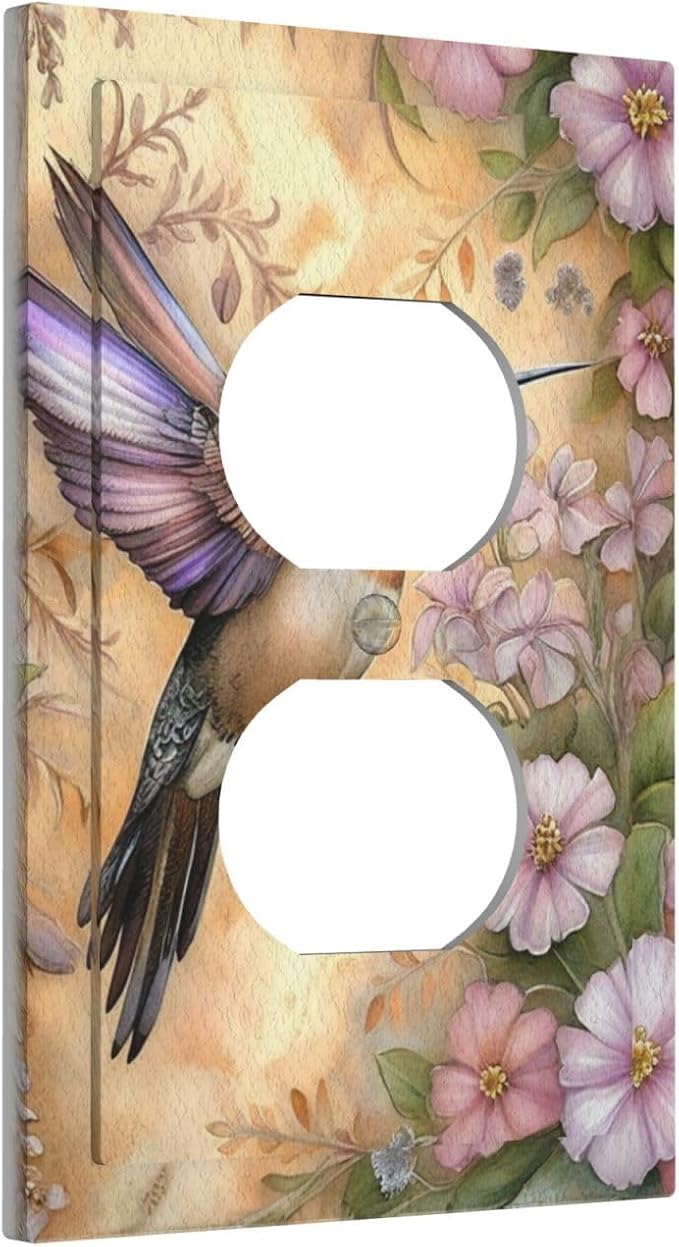Decorative Art Light Switch Covers Blossom & Hummingbird 1 Gang Single Duplex Outlet Wall Plate Switchplate Electrical Faceplate for Home Decor
