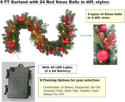6 Feet Pre-lit Christmas Ornament Fake Pine Garland w 24 Red Balls Real Grapevine Base (30 LED Lights, 8 Flash Options) for Xmas Decor at Shop Home Door Corridor Wall Window Table Cabinet (Battery)
