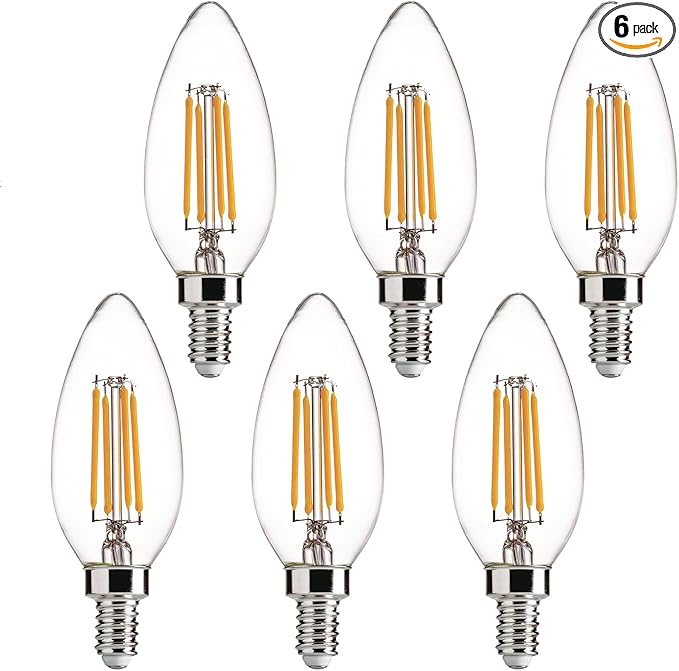 E12 LED Light Bulbs Dimmable 5000K Daylight White 4 watt 40W Equivalent Chandelier Light Bulb Filament LED Candle Bulbs,for Ceiling Fan Home,Candle Lamp,Bedroom Decor. (5000k Daylight White, 6-Pack)