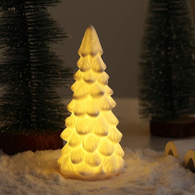 B SEPOR Light Up Ceramic Christmas Tree 3 Pack Small White Porcelain Trees with LED Xmas Figurines for Holiday Tabletop Decoration Mantel Shelf Fireplace for Home and Gift