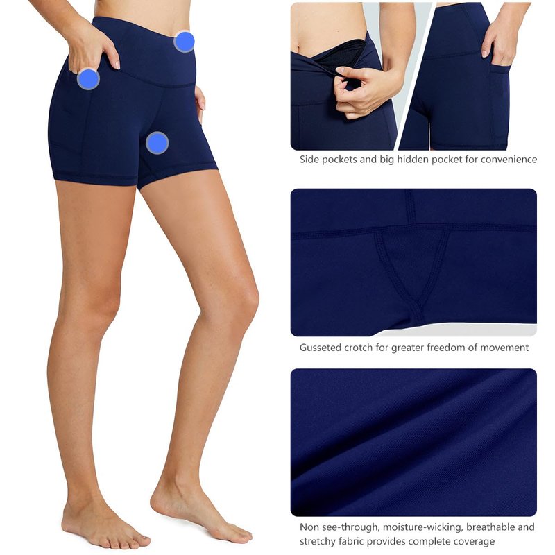 baleaf Biker Shorts Women Yoga Gym Workout Spandex Running Volleyball Tummy Control Compression with Pockets 8" 2-Pack Black/Navy Blue XL