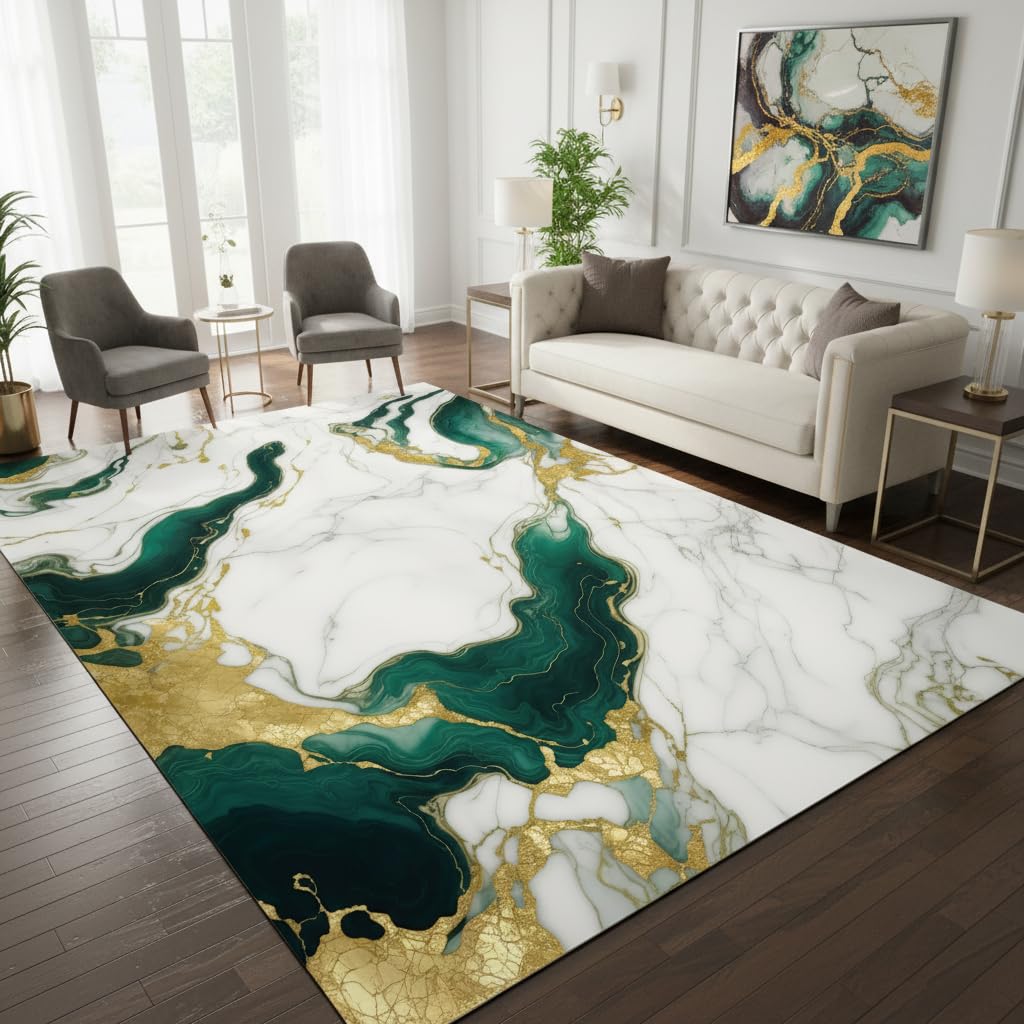 Marble Swirl Modern Abstract Emerald Green Grey Gold Area Rug for Living Room Bedroom Ultra Soft Wool Carpet Under Dining Table Lux Aesthetic Home Office Carpets 5x7