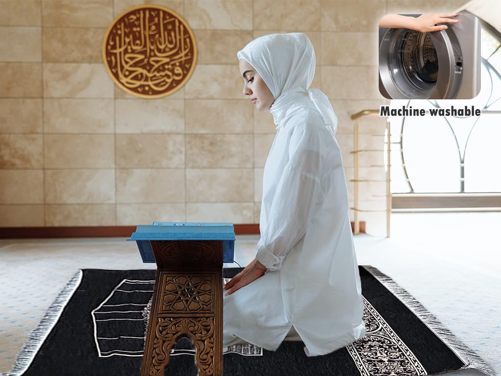 Anlising Muslim Prayer Mat, Islamic Prayer Carpet Mat, 27.55" x 43.3" Black Square Arabic Pattern Indoor Prayer Rug, Machine Made, Spot Clean Only