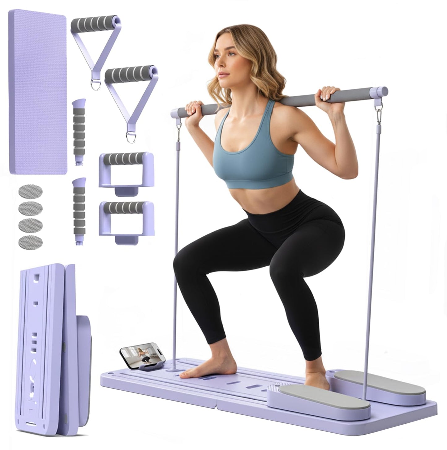 Premium Pilates Reformer Board – Foldable Portable Pilates Machine with Push-Up Bars, Pilates Bar & Resistance Bands for Full-Body Home Workout, Core Strength & Travel Fitness