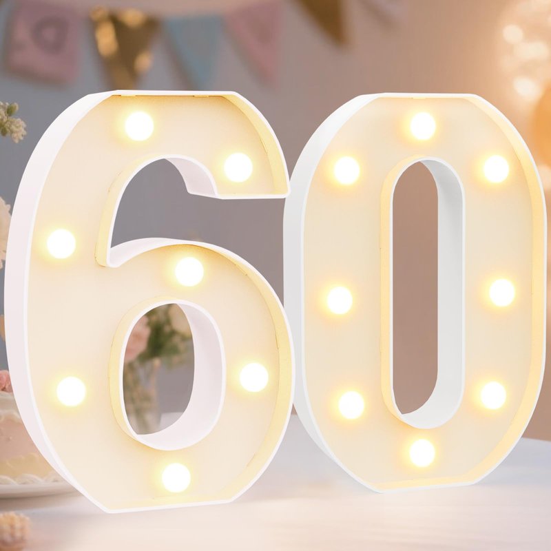 Pooqla Decorative Led Light Up Number Letters, White Plastic Marquee Number Lights Sign for 60th Birthday Party Wedding Decor Battery Operated Number (60)