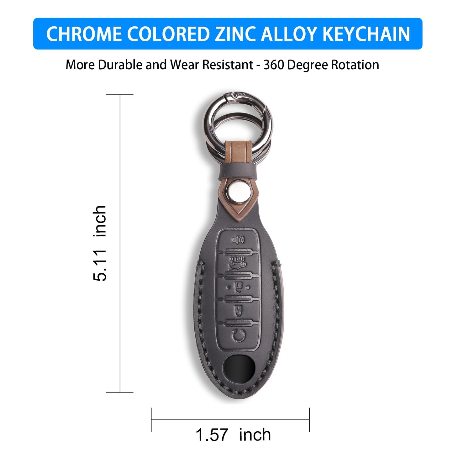 QBUC for Nissan Genuine Leather Key Fob Cover Protective Case with Keychain for Rogue Pathfinder Murano Armada Frontier Sentra Altima Versa Titan Maxima Titan Xterra 5-Buttons(Black Leather)
