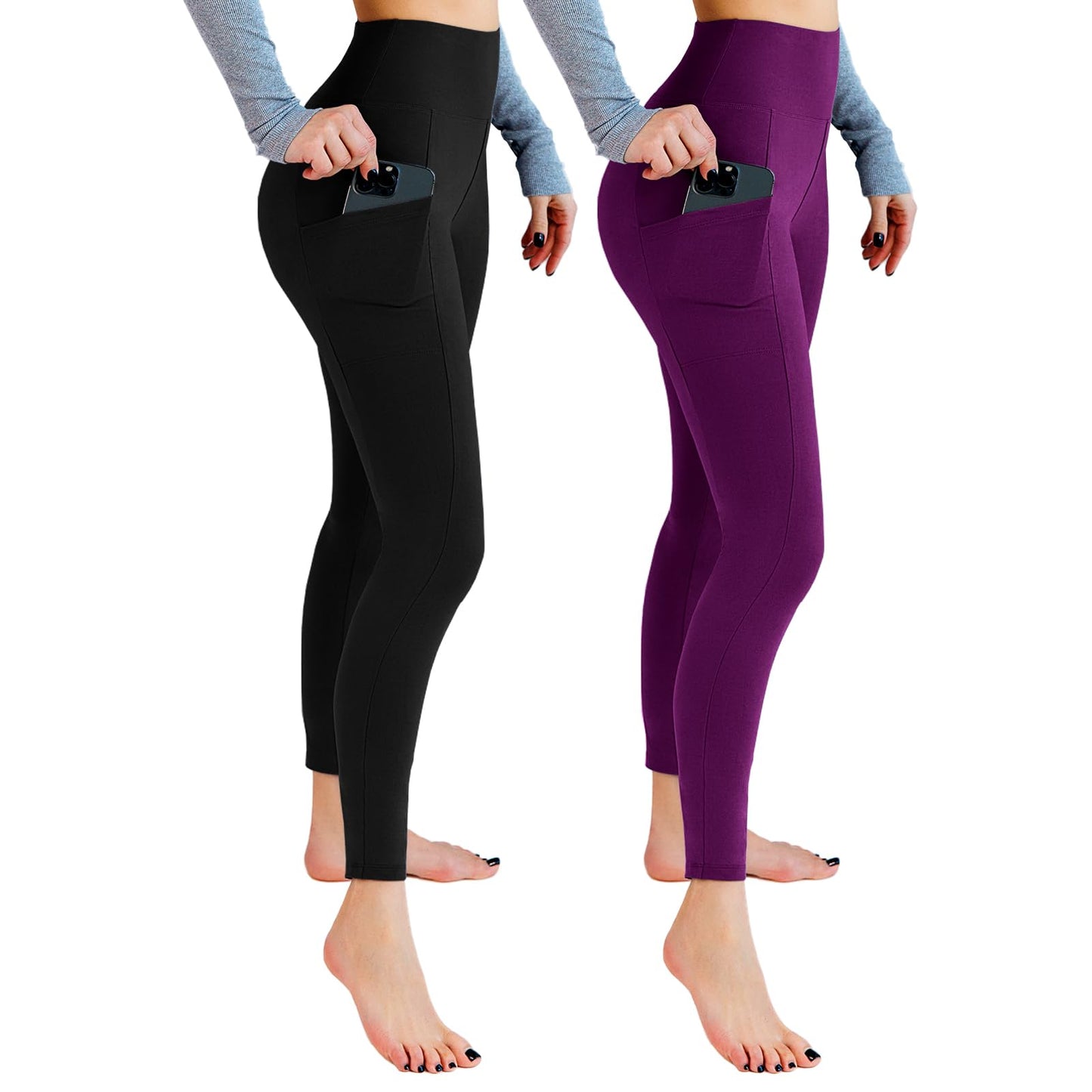 Leafigure 2 Packs Leggings with Pockets for Women, High Waisted Tummy Control Workout Leggings for Gym Black/Purple SM