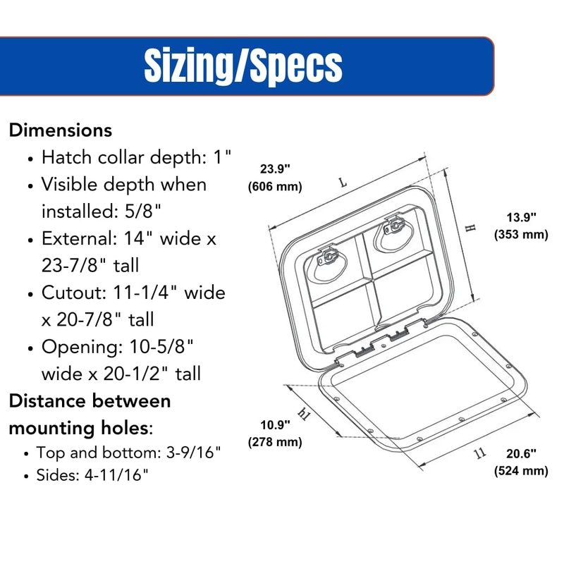 Seaflo Marine Boat Deck Access Hatch & Lid 23.9" x 13.9", White, 606mm x 353mm