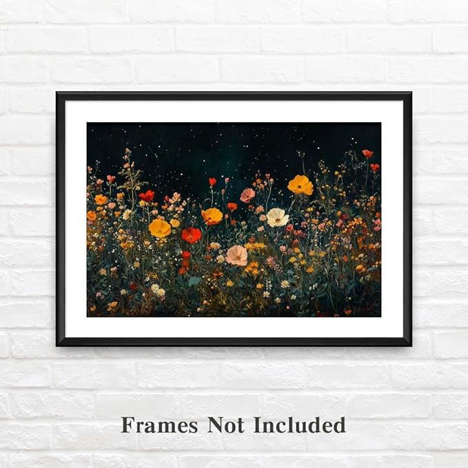 Yesad Wildflowers Field Landscape Wall Art, Floral Canvas Wall Art Wildflowers at Night Flower Prints Painting Rustic Wall Décor for Living Room Bedroom Farmhouse (Unframed,36”x24”,Wildflower1)