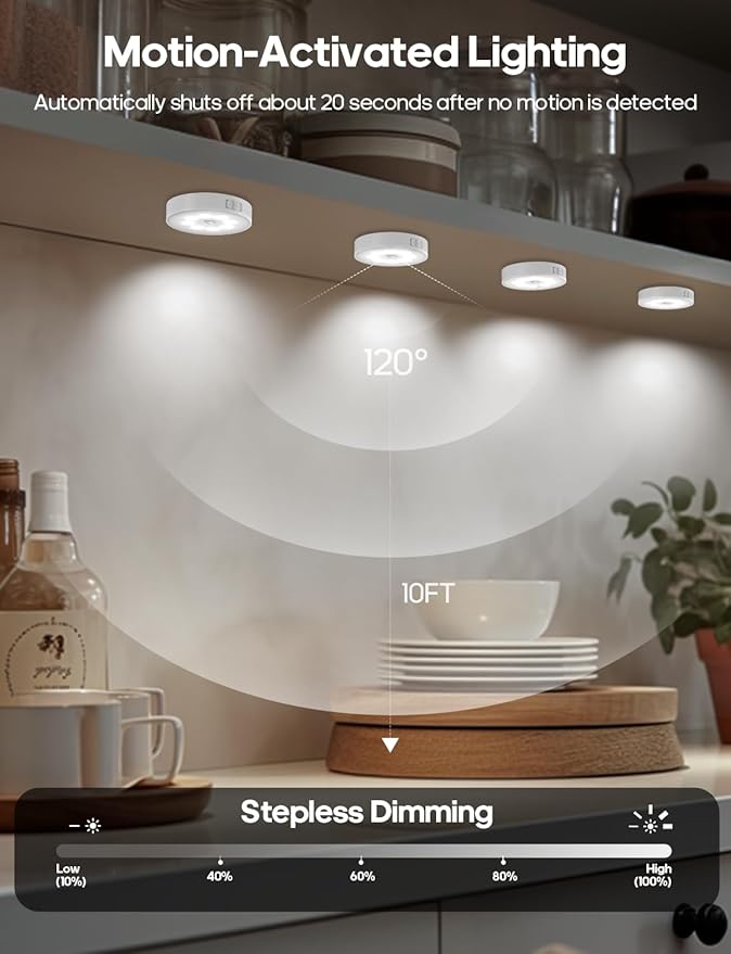 Led Under Cabinet Lights, Motion Sensor Rechargeable Light, 1000mAh Puck Lights with IR Remote, Under Counter Lights for Kitchen,cabinets,Closet,Stairs Indoor