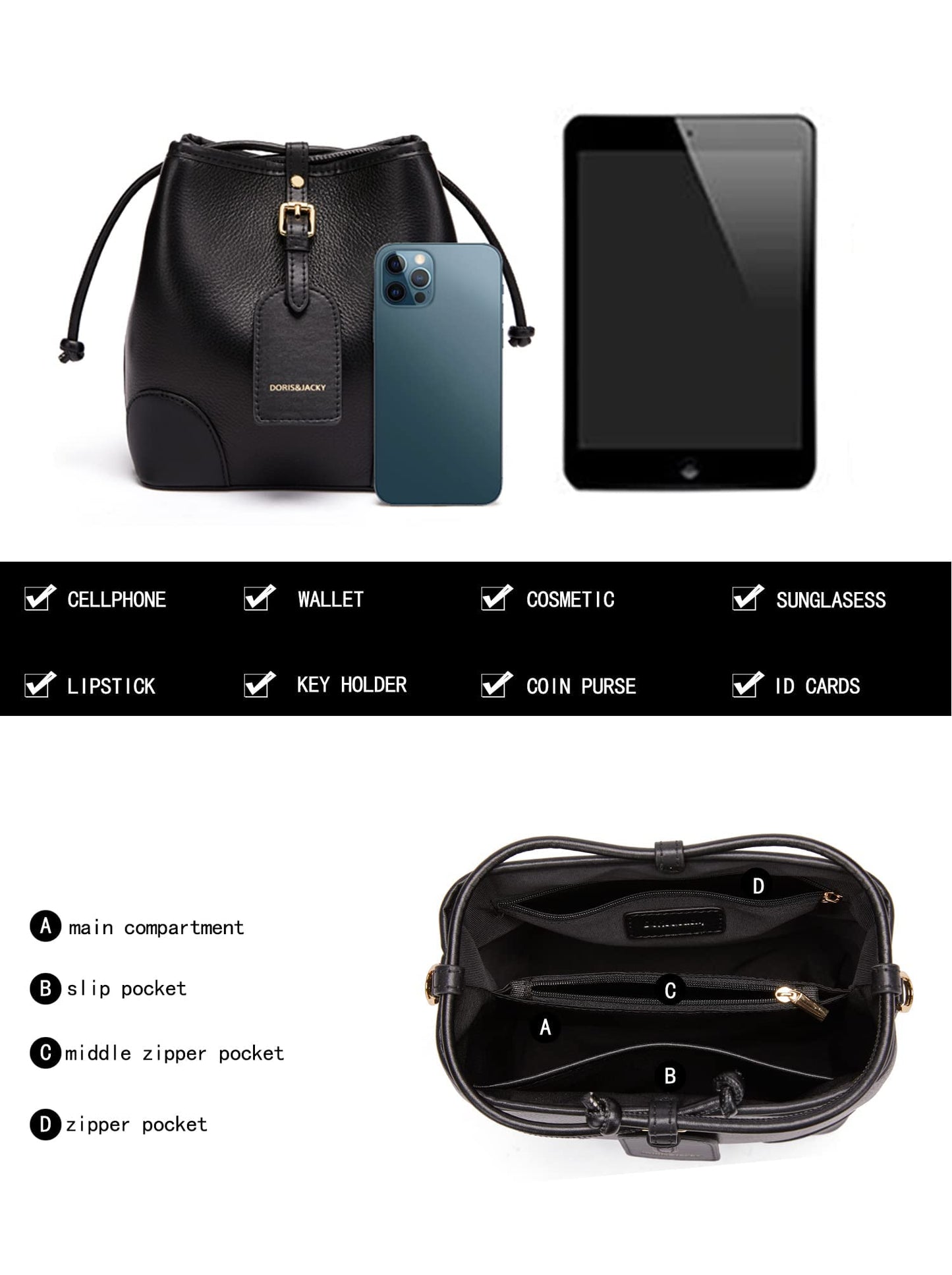 DORIS&JACKY Leather Drawstring Shoulder Bag Small 2 Way Bucket Crossbody Purse For Women (1-Black)