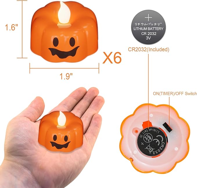 Halloween Flameless Candles with 6H Timer, Pumpkin Tea Lights with Ghost Face Flickering, LED Candles Battery Operated Fall Decor 6 Pack Φ 1.9" H 1.6" for Halloween Decorations