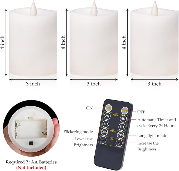 3"x4" Flickering Flameless Candles with Remote Timer- Set of 3 Real Wax White Pillar LED Candles for Indoor/Outdoor Fireplace & Home Decor, Battery Operated with 600+ Hours Flickering (3" Diameter)
