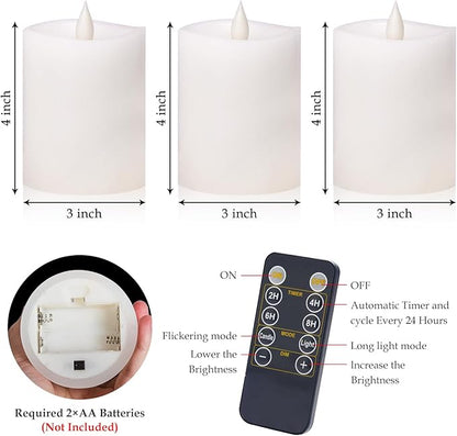 3"x4" Flickering Flameless Candles with Remote Timer- Set of 3 Real Wax White Pillar LED Candles for Indoor/Outdoor Fireplace & Home Decor, Battery Operated with 600+ Hours Flickering (3" Diameter)