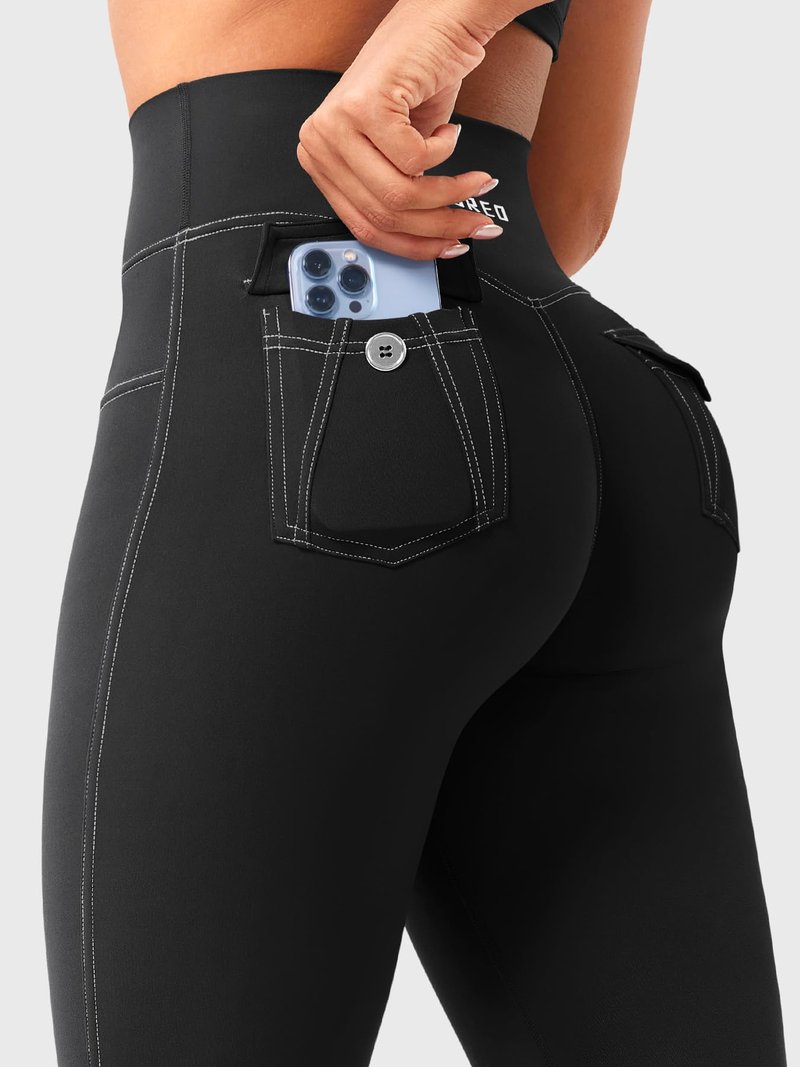 YEOREO CoreFlex Women Workout Mini Flare Leggings with Pockets Hidden Scrunch High Waisted Cargo Gym Casual Denim-Look Yoga Pants Black M