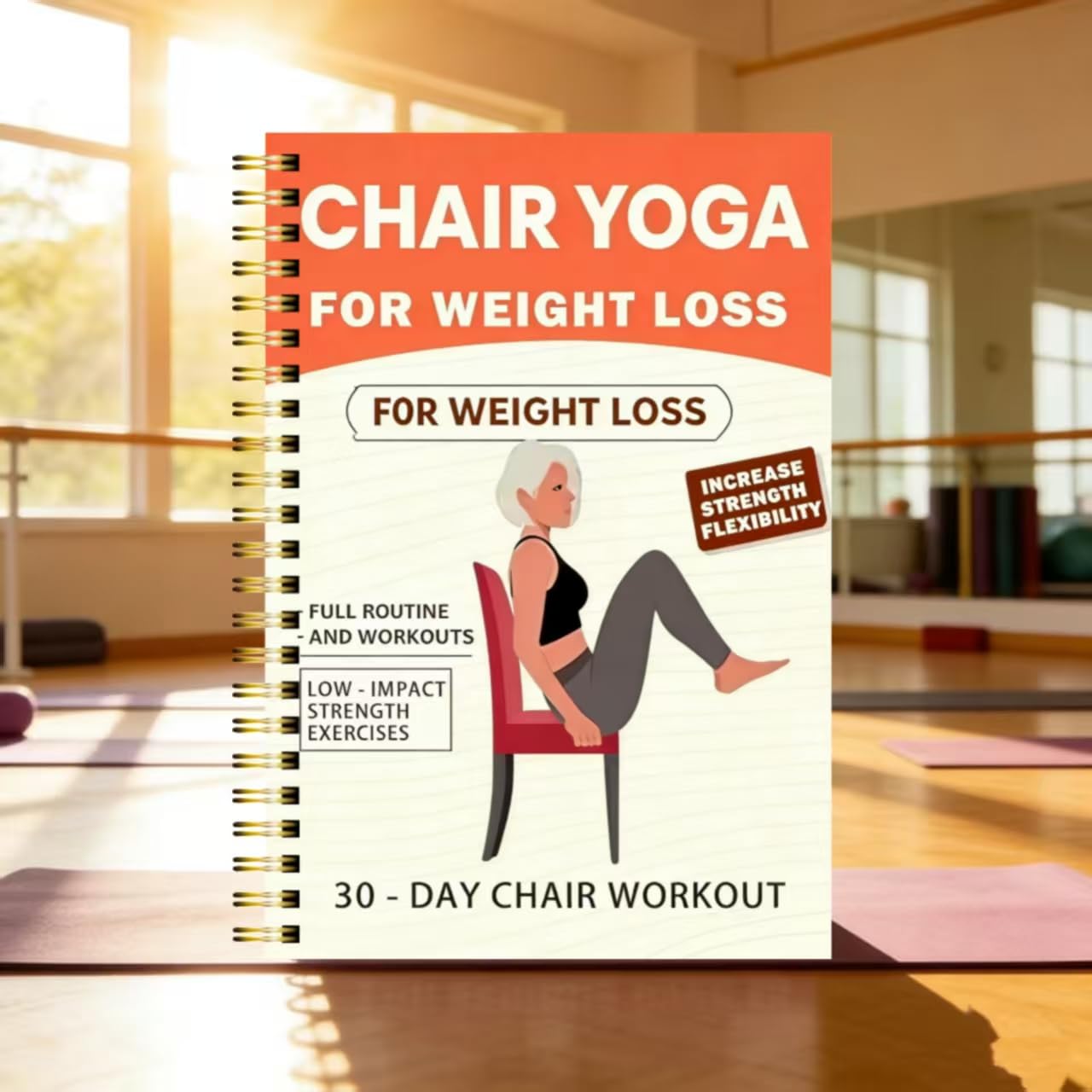 30-Day Chair Yoga Weight Loss Planner – 15-Minute Daily Routine Log with Illustrated Poses & Progress Tracker for Seniors & Beginners, Spiral-Bound Home Fitness Journal，(5.5x8.3 Inch, Orange)