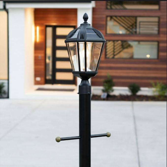 Gama Sonic Outdoor Solar Post Light, Black Aluminum, Royal Bulb, Rain Water Glass, Single Lamp with 3-inch Fitter for Lamp Posts Warm White LED, 98B012 (Upgraded Panel and Battery)