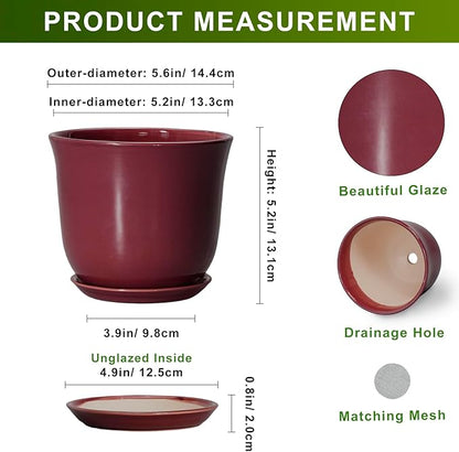 Ceramic Pots for Plants - 5.6 Inch Plant Pot for Indoor Outdoor, Round Succulent Orchid Pot with Drainage Hole and Saucer, Modern Small Planter, Window Office Desk Decor, Teacher Gifts, Red