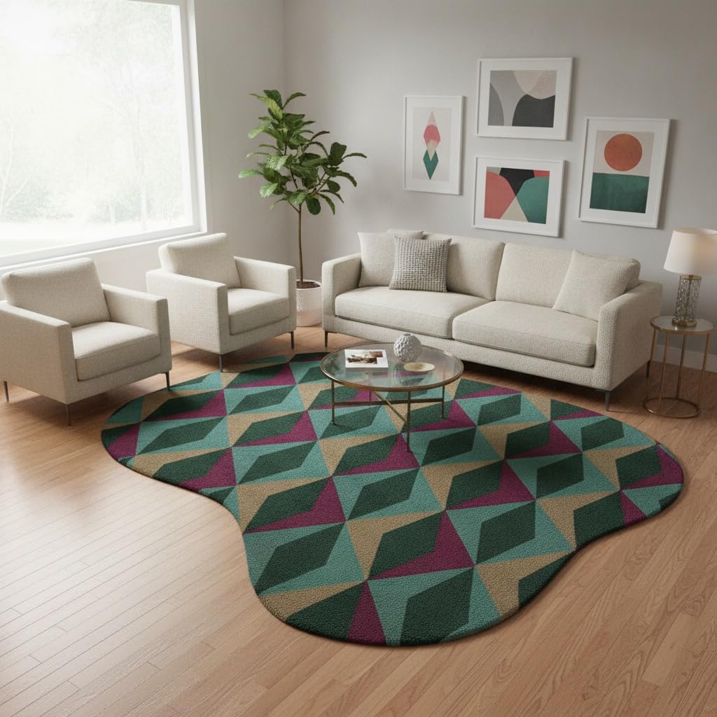 Irregular Shaped Area Rug Dark Green Tea Beige Diamond Geometric Pattern Non-Slip Washable Rug for Living Room Bedroom Home Office Minimalist Mid Century Modern Turkish Soft Indoor Floor Carpet 3ft