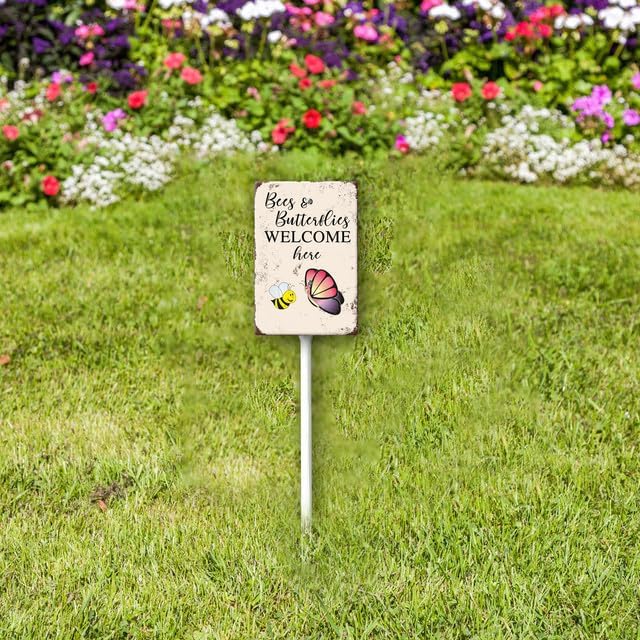 Uptell Bees Butterflies Welcome Here Yard Signs with Stakes Aluminum Sign for House/Front Door and Business Outdoor Decoration 8x12 Inch