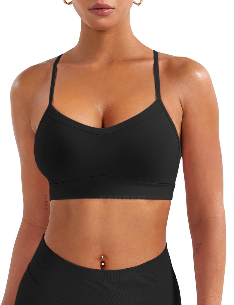 YEOREO Luciny Workout Y Back Sports Bras for Women Spaghetti Straps Racerback Padded V Neck Medium Impact Gym Bra Yoga Top Black-S