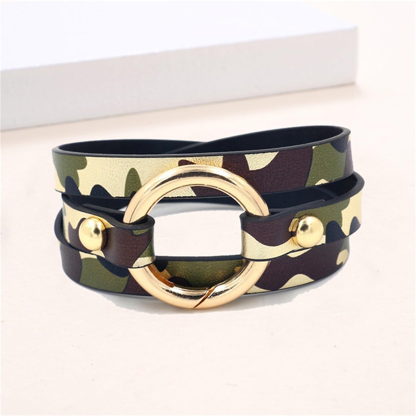 Dreuyet Leather Camo Bracelet for Men Women Boho Camouflage White Black Charm Circle Cuff Bangle Multilayer Stackable Leather Wrap Bracelets Costume Jewelry (Camouflage Earrings and Bracelet)