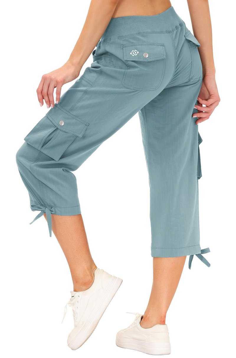 MoFiz Womens Capris with Pockets Loose Fit Casual Capri Pants Dressy Lightweight Ladies Baggy Cargo Pants for Hiking Grey Blue 3XL