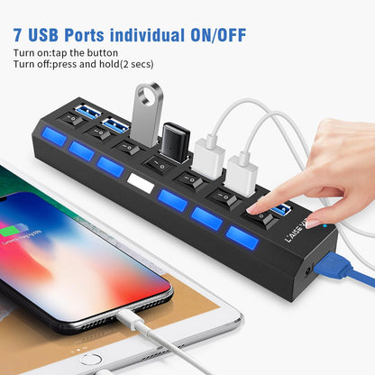 Multi Port Splitter, 7 Port USB 2.0 Hub, USB A Port Data Hub with Independent On/Off Switch and LED Indicators, Lights for Laptop, PC, Computer, Mobile HDD, Flash Drive and More (Black 2.0)