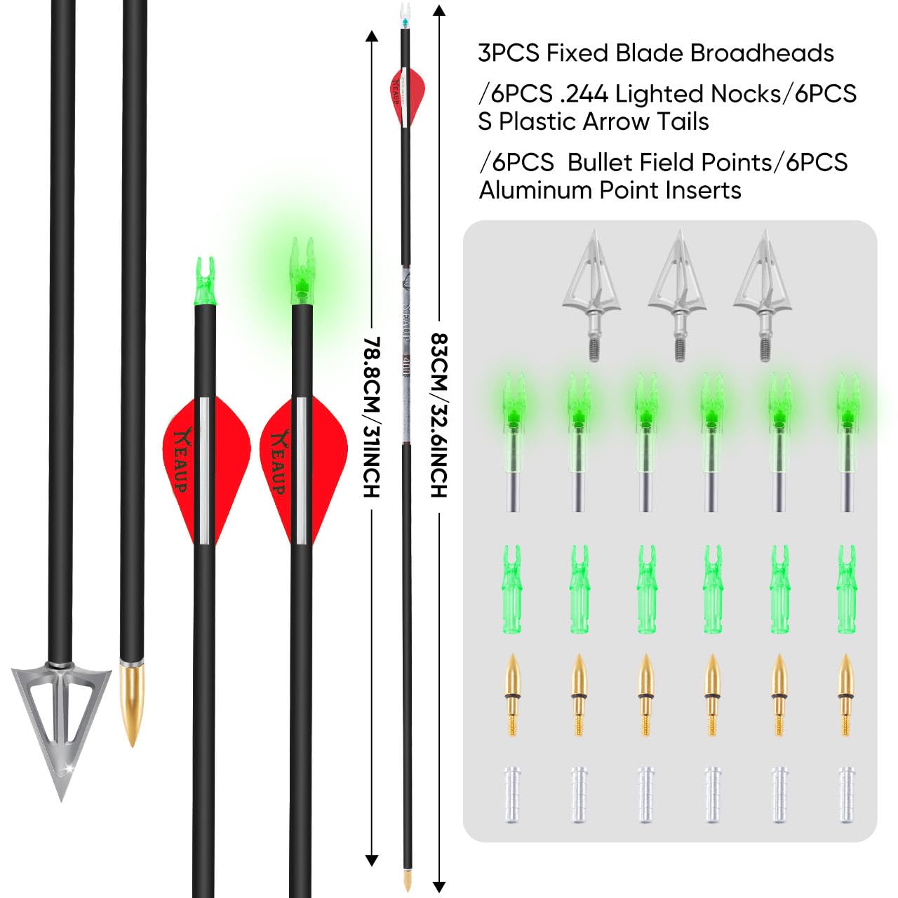 KEAUP 31 inch 100% Carbon Arrows and Broadheads .244/6.2mm Lighted Nocks Set, 6 Pack Hunting Compound Bow and Recurve Bow Shaft Spine 300/350/400/500 (Spine 400, Red)