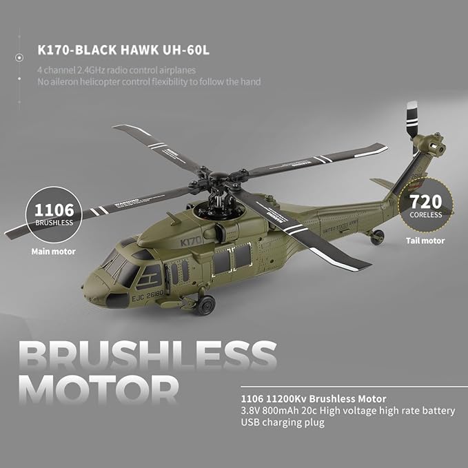 FunXylophy WL K170 RC Helicopter 2.4G 4CH Flybarless 6-Axis Gyroscope Altitude Hovering RC Military Helicopter with Display Stand and Apron Takeoff Landing Pads (RTF Version)