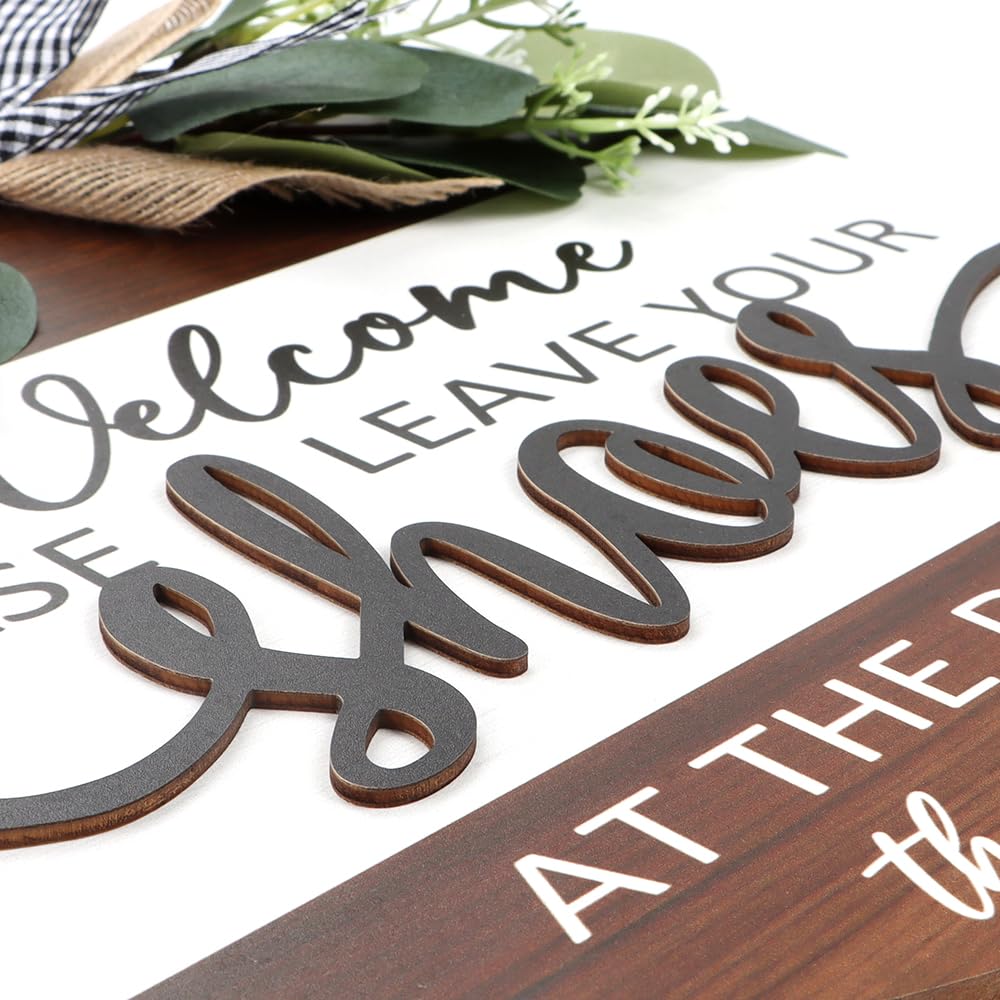 TOARTi 3D Welcome Wreath Bow-Knot Front Door Wood Sign Hanging, Please Leave Your Shoes Funny Sign Round Plaque, Shoes Off No Shoes Sign for Home Porch Entrance Decoration