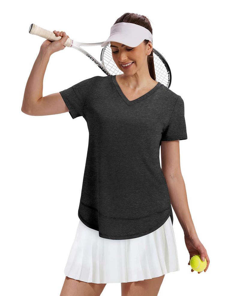 Short Sleeve Shirts for Women Workout Pilates Outfits Tennis Summer Tops 2026 Beach Vacation Clothes V Neck Black M