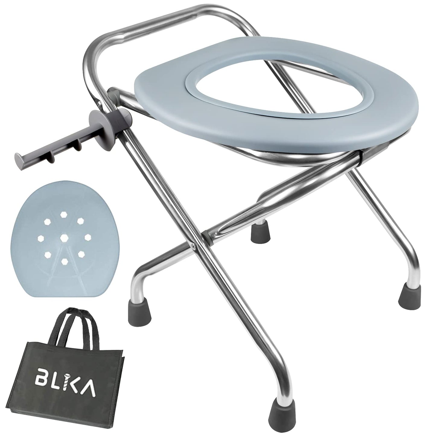 BLIKA Portable Toilet for Camping, 400LBS Stainless Steel Foldable Camp Travel Toilet for Adults, 16-Inch for Truckers, Camping, RV Travel, Road Trips, Outdoor Use