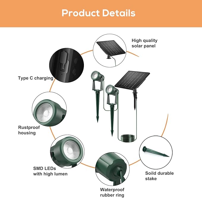 ZYAN Solar Powered Landscape Spotlights, Green Cord Solar Spot Lights Outdoor Auto On/Off, Waterproof Landscape Lighting for Yard, Garden, Lawn, Plant, Tree, Wall, Fence (Warm-White, 4 Pack) (8 Pack)