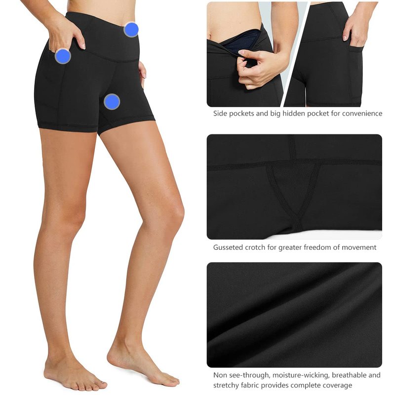 baleaf Biker Shorts for Women 5" Workout Yoga Gym Spandex Running Volleyball Compression Tummy Control Short with Pockets Black S