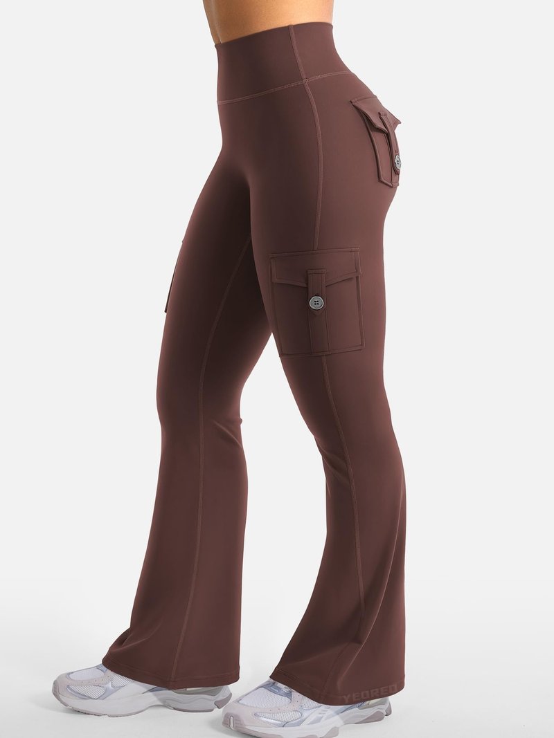 YEOREO CoreFlex Women Workout Flare Leggings with Pockets Hidden Scrunch High Waisted Cargo Gym Yoga No Front Seam Leggings (Chocolate, Small, 30" Inseam)