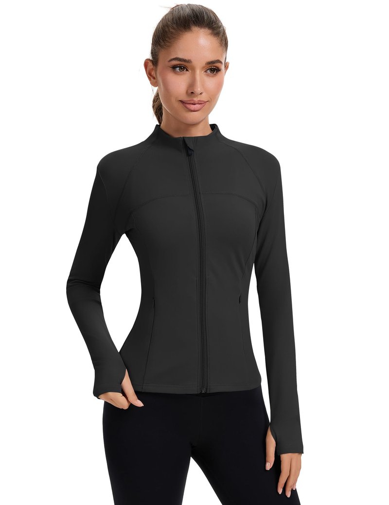 Rapbin Long Sleeve Workout Tops for Women Light Weight Zip Up Jackets Cropped Jacket with Thumb Holes (Black S)