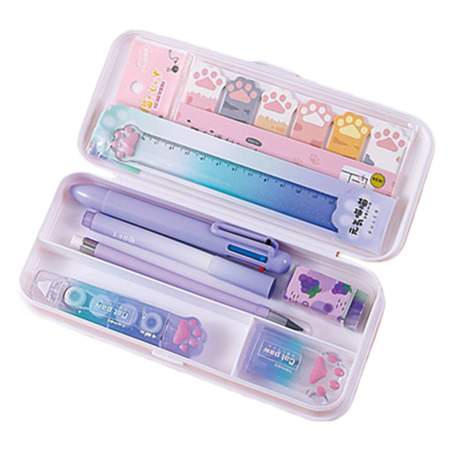 MOZXIRZ 9 Pcs Cute Purple Stationery Set for Girls Boys Kids Women Back to School Supplies Office Supplies Cartoon Cat Paw Stationery Set Aesthetic Kawaii Stationery Gift (Purple)