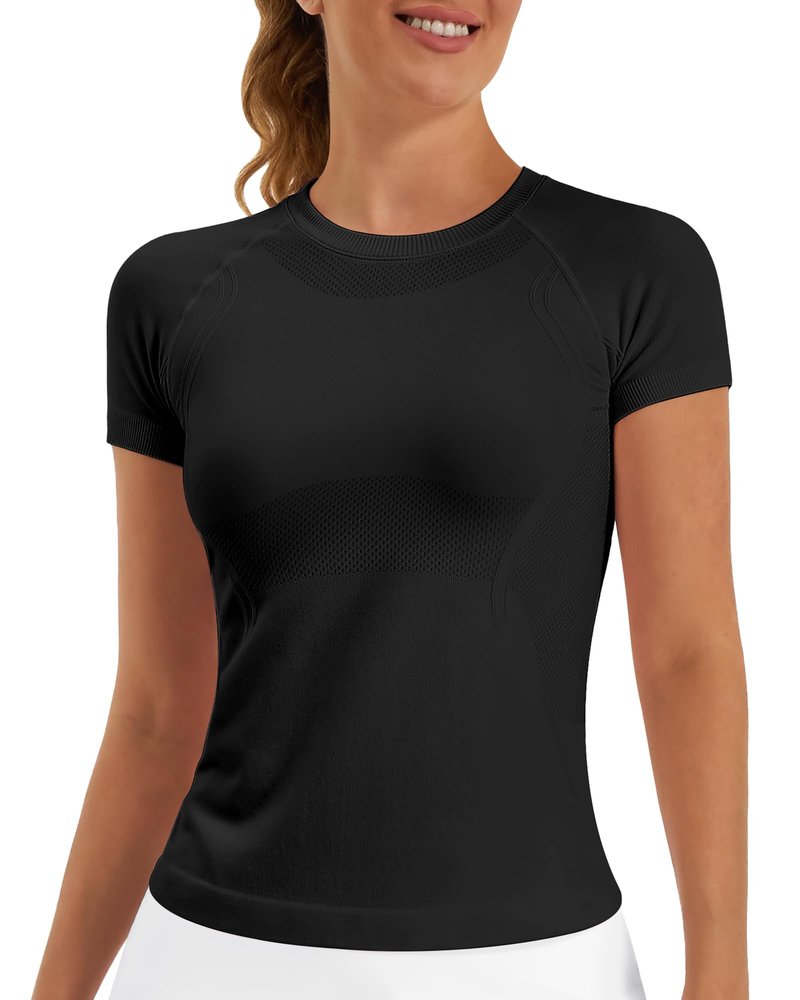Stelle Women Workout Tops Short Sleeve Seamless Athletic Shirts Yoga Gym Sports Breathable Tees(Black,XS)