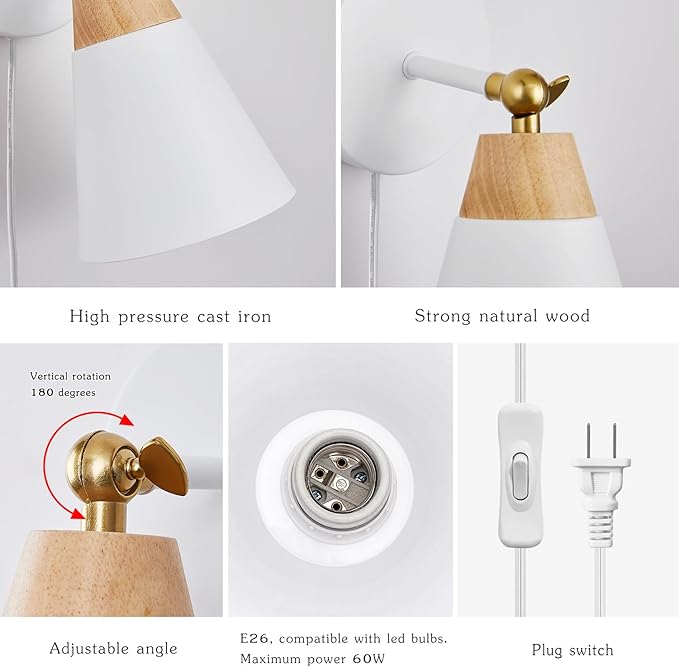 Wall Sconce Set of 2, Wall Sconce with Metal Shade, Plug Switch, Indoor Decor Wall Mount Swing Arm Lamp for Bedroom,Hallway,Living Room,Reading, White