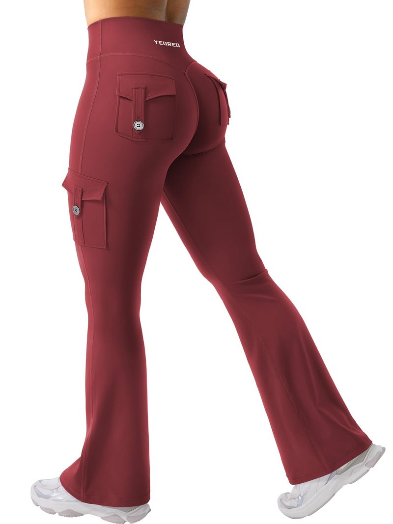 YEOREO CoreFlex Women Workout Flare Leggings with Pockets Hidden Scrunch High Waisted Cargo Gym Yoga No Front Seam Leggings Anchor Red XXL