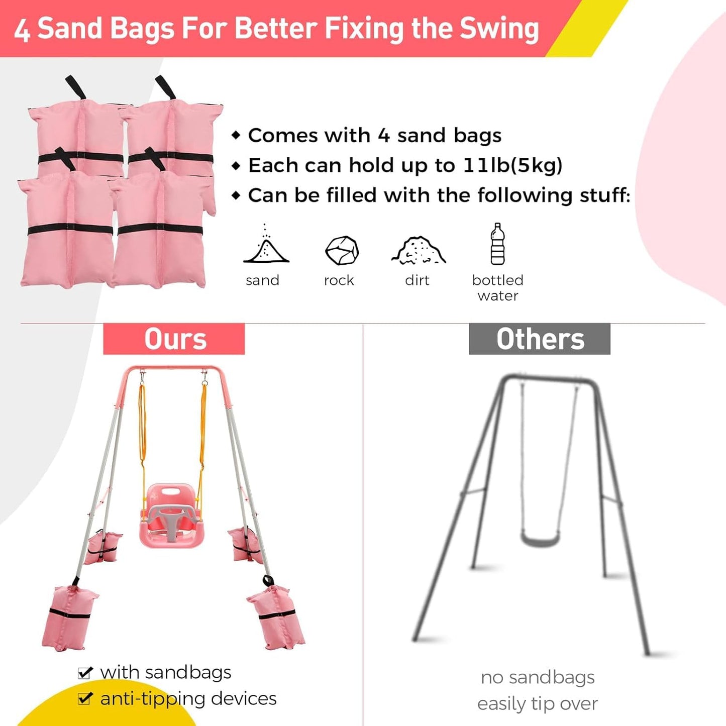 FUNLIO Toddler Swing with Foldable Metal Stand for Toddlers Aged 1~10 Years, 3-in-1 Baby Swing Set with 4 Sandbags for Backyard/Indoor/Outdoor Play, Easy to Assemble & Store, Pink